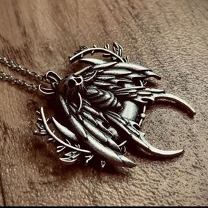 Silver titanium antiqued death Head moth moon goth punk necklace new